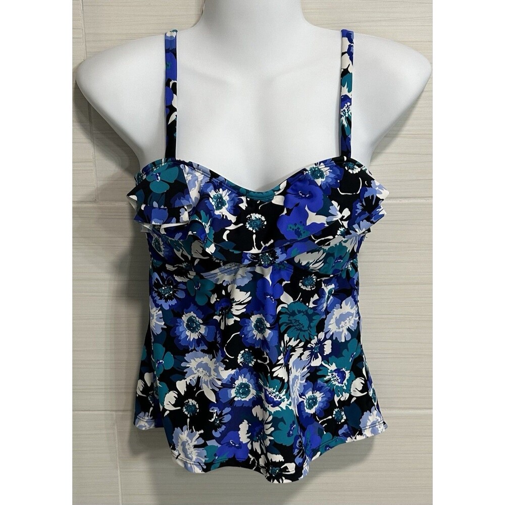 Island Escape Blue Black Floral Ruffle Tahiti Tankini Top 8, Pool Beach Cruise
